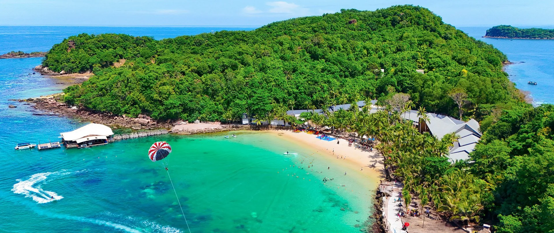 Aerial view of a tropical beach and turquoise sea in Phu Quoc