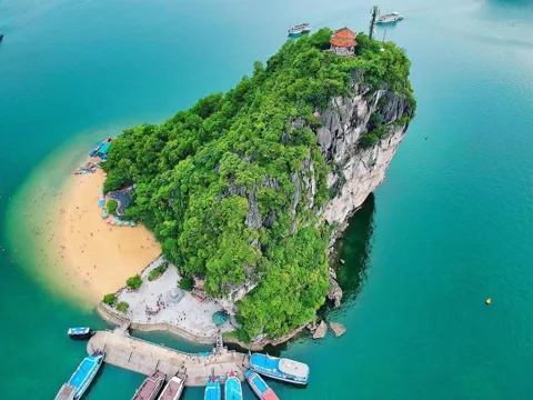 A cruise ship navigating through Halong Bay with a clear sky, illustrating ideal conditions