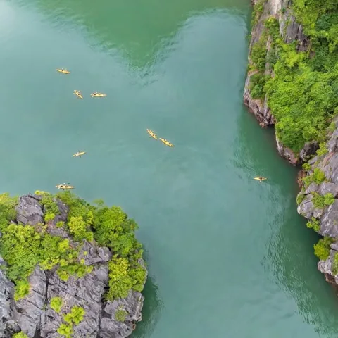 Panoramic view of a pristine crescent-shaped beach in Halong Bay, Vietnam, with emerald waters and towering limestone karsts