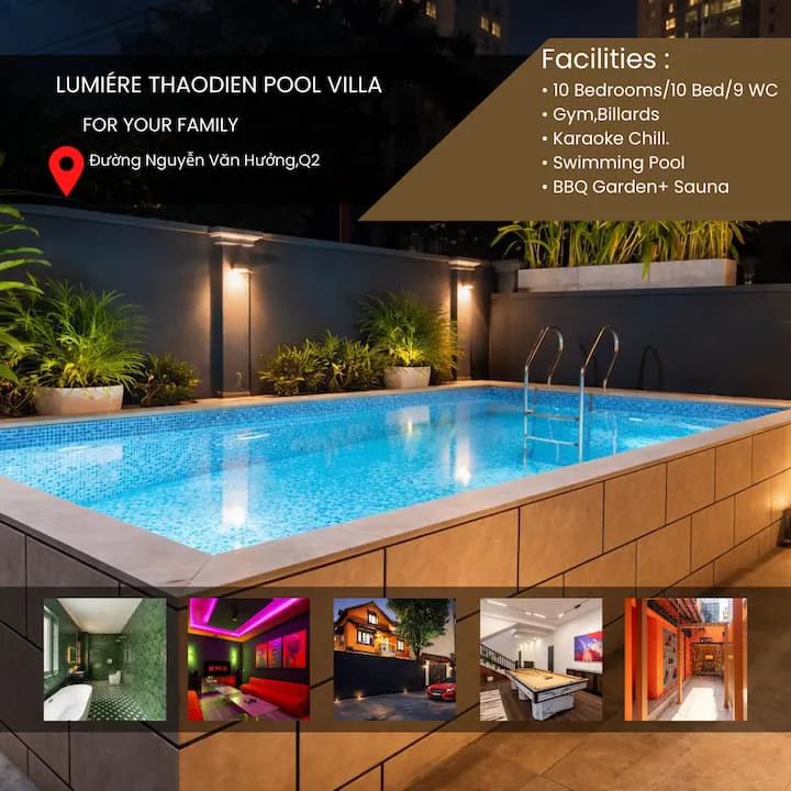 La Villa exterior showing villa and pool dining tables