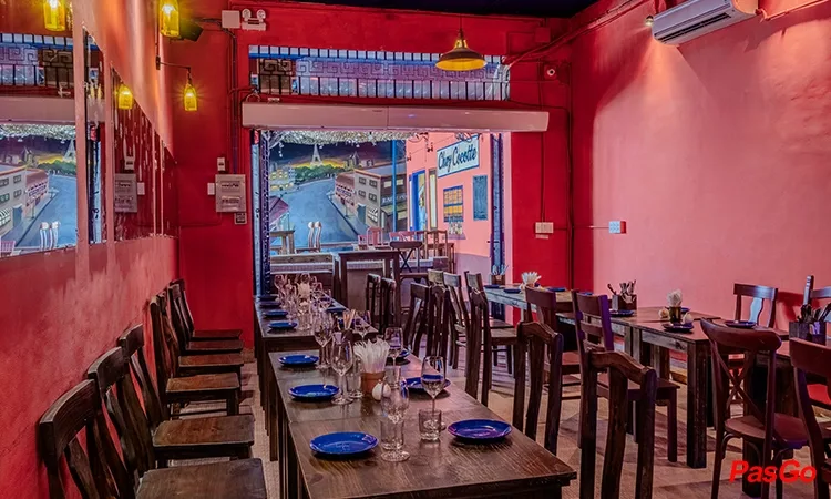 Casual bistro interior with wooden tables and vintage touches