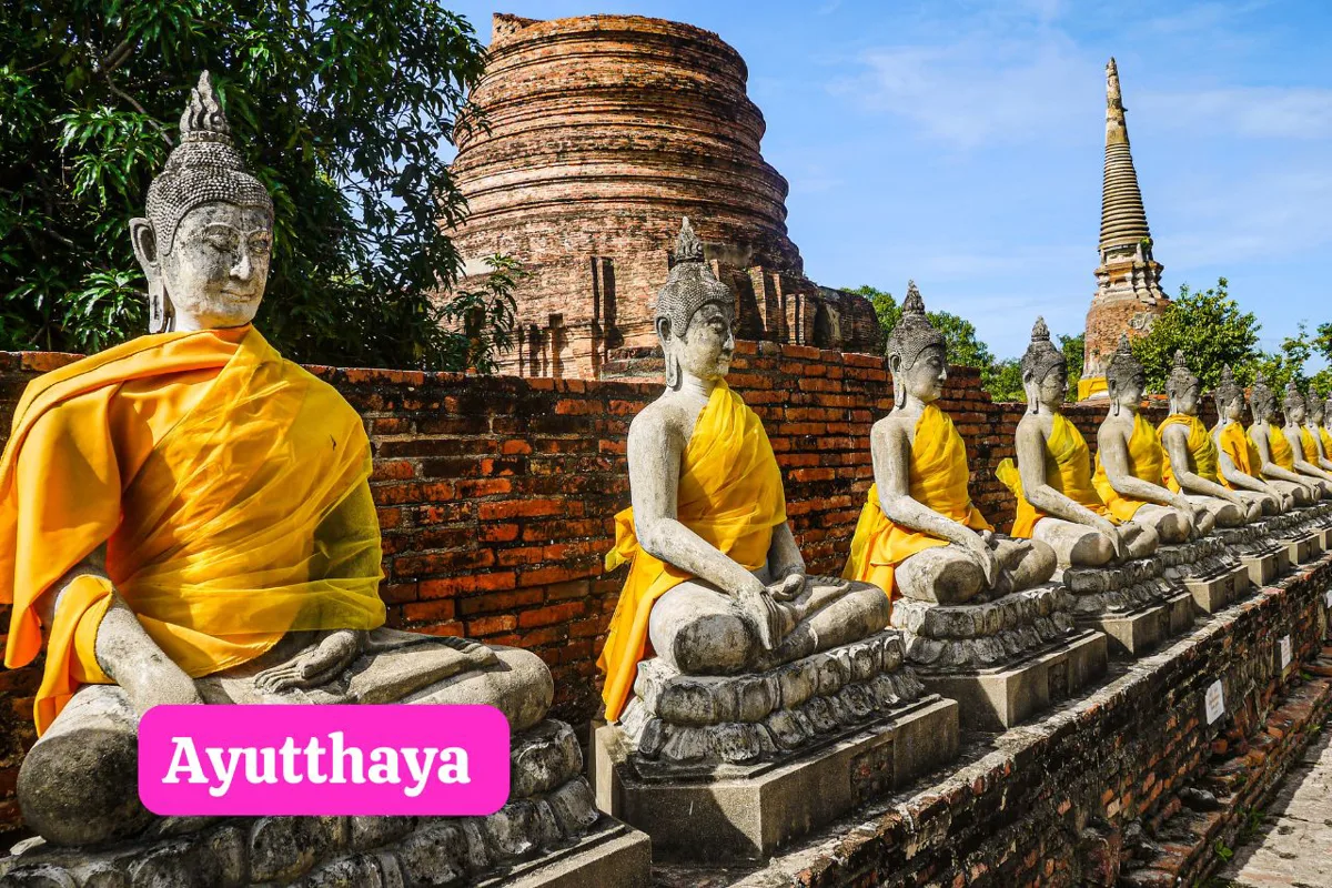 Panoramic view of the ancient ruins of Wat Mahathat and other temples in Ayutthaya Historical Park, Thailand