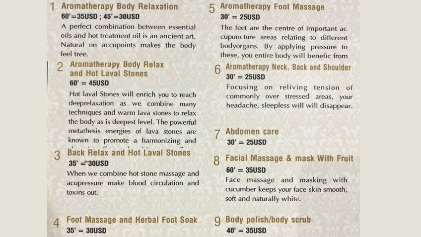 Spa & Sauna Menu