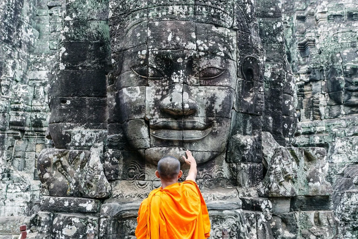 Ancient temples of Angkor Wat at sunrise in Cambodia