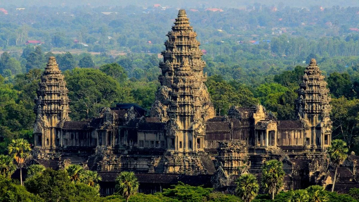 Panoramic view of Angkor Wat temple complex at sunrise, Cambodia