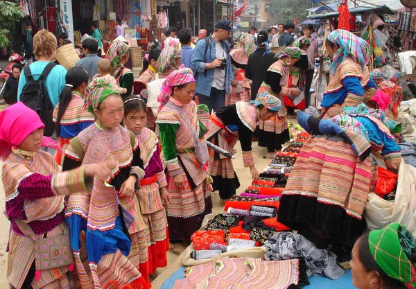 Colorful Bac Ha Sunday Market with various ethnic minority groups