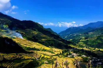 Panoramic view of terraced rice fields in a Sapa valley