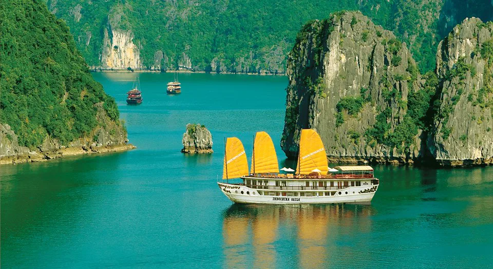 Scenic view of limestone karsts in Ha Long Bay, Vietnam.